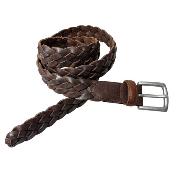 Eddie Bauer Leather Belt Mens 38 Brown Woven Silver Buckle Brass Braided Casual - Picture 1 of 8